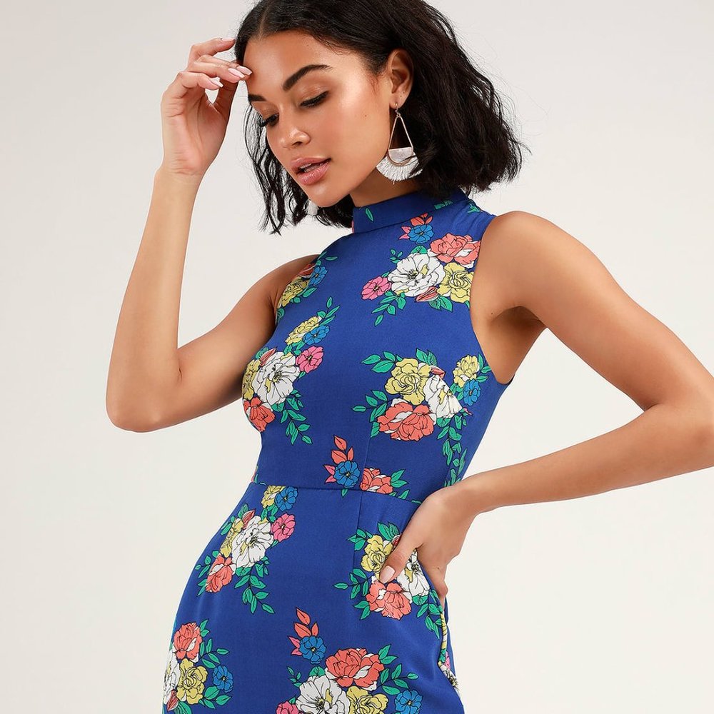 Lulus Carriage Tour Royal Blue Floral Print Sleeveless Dress - L